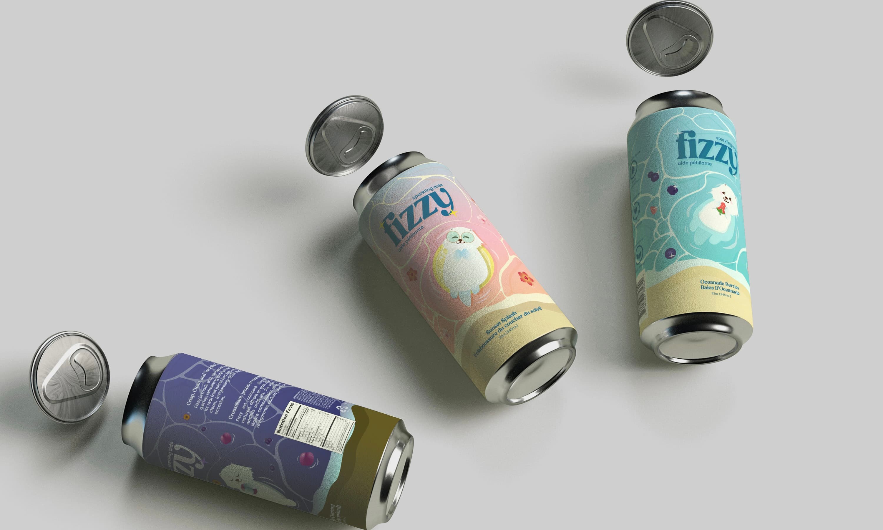 three fizzy cans the their flavours splayed out on the floor